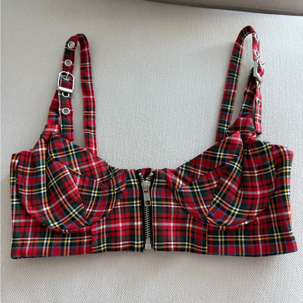 MIAOU Red Plaid Zip-Front Bustier Top